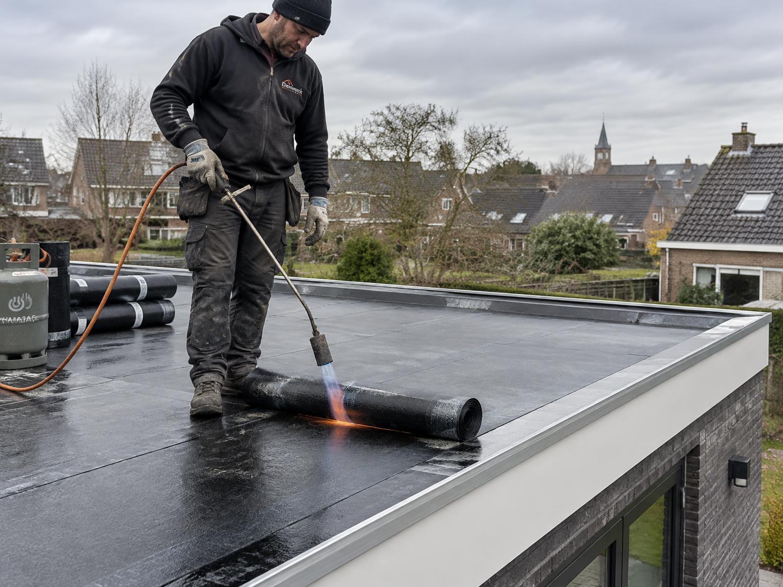 Dakdekker brandt bitumen dakbedekking op een plat dak